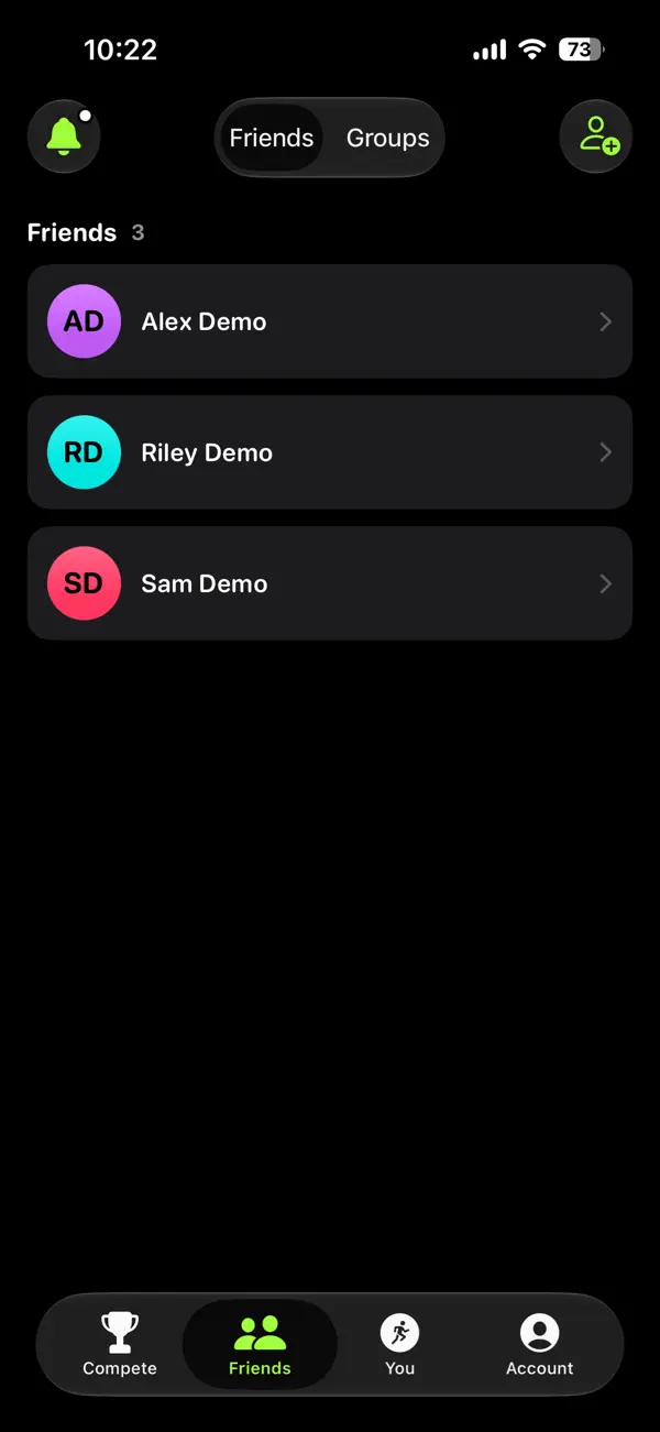 The Friends tab with three friends listed