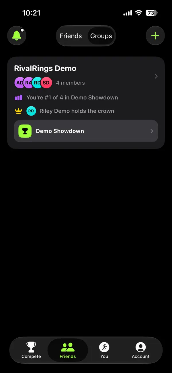 A group card showing members, your rank, and who holds the crown