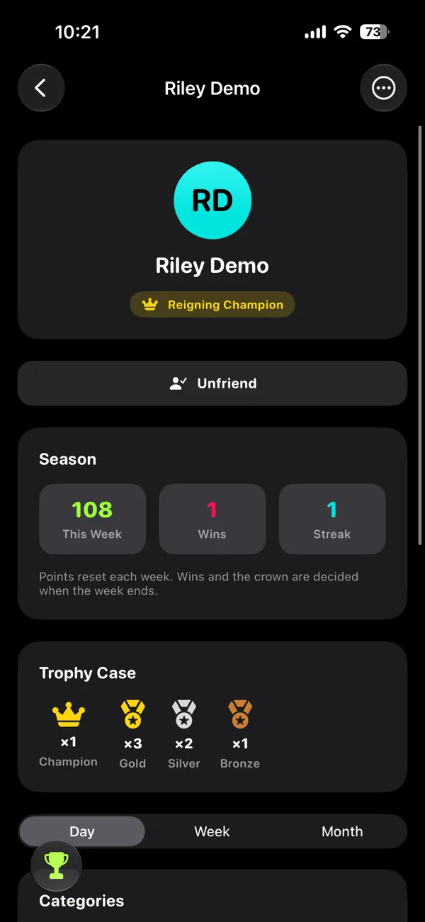 A rival's profile showing their season points, wins, streak, and trophy case